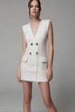 Ivory Tight Double Breasted Short Tweed Outfits with Pockets