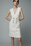 Ivory V-Neck Short Pencil Tweed Outfits with Buttons