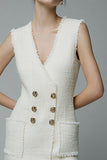 Ivory V-Neck Short Pencil Tweed Outfits with Buttons