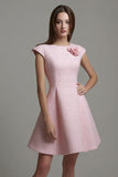Pink Cap Sleeves A Line Short Tweed Outfits with 3D Flowers
