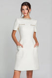 Ivory Round Neck Short Pencil Tweed Outfits with Pockets