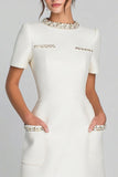 Ivory Round Neck Short Pencil Tweed Outfits with Pockets