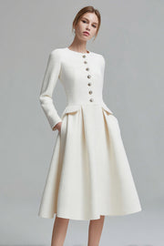 Tweed Ivory Long Sleeves A Line Midi Date Night Dress with Pockets