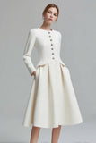 Tweed Ivory Long Sleeves A Line Midi Date Night Dress with Pockets