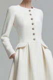 Tweed Ivory Long Sleeves A Line Midi Date Night Dress with Pockets