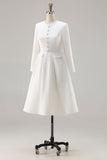 Ivory Long Sleeves A Line Midi Tweed Dress with Buttons