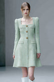 Mint Green Square Neck A Line Short Tweed Dress with Sleeves