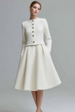 Leely Women Ivory 2 Piece Midi A Line Tweed Outfits Round Neck Date Night Outfits with Buttons