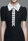 Black Tight Short Tweed Dress with Lace