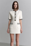 Short Ivory Tweed Round Neck Tight Date Night Dress with Sleeves
