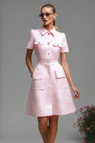Leely Women Pink Short Sleeves Tweed Dress Collar Neck A Line Date Night Dress with Buttons