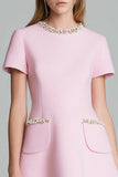 Pink A Line Round Neck Short Tweed Dress with Pearls