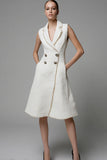 Ivory Notched Lapel Double Breasted Short Tweed Outfits with Pockets