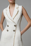 Ivory Notched Lapel Double Breasted Short Tweed Outfits with Pockets