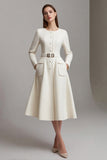 Leely Women Ivory Midi Tweed Outfits with Belts Long Sleeves A Line Boat Neck Date Night Dress with Pockets