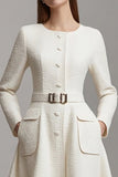 Ivory A Line Boat Neck Midi Tweed Outfits with Pockets