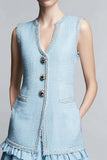 Sky Blue 2 Piece Short Summer Tweed Outfits with Ruffles