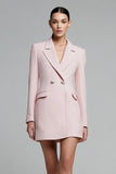 Pink Notched Lapel Short Tweed Pencil Blazer Dress with Sleeves