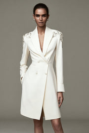 Ivory Satin Shawl Lapel Double Breasted Short Pencil Dress with Beading