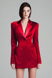 Red Notched Lapel Tight Velvet Short Blazer Dress with Sleeves