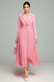 Midi Pink A Line Pleated Blazer Dress with Belt