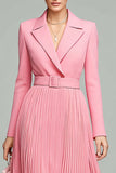 Midi Pink A Line Pleated Blazer Dress with Belt