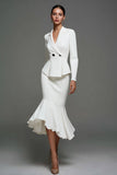 Ivory Satin Notched Lapel Ruffled Mermaid Midi Blazer Dress with Sleeves