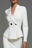 Ivory Satin Notched Lapel Ruffled Mermaid Midi Blazer Dress with Sleeves