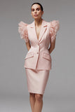 2 Piece Pink Bodycon Short Notched Lapel Business Suits with Ruffles