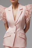 2 Piece Pink Bodycon Short Notched Lapel Business Suits with Ruffles
