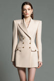 Champagne Satin Peak Lapel Fitted Short Blazer Dress with Sleeves