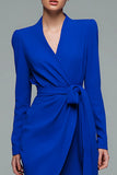 Short Royal Blue Bodycon V-Neck Work Dress with Sash