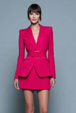 2 Piece Fuchsia Peak Lapel Short Satin Pencil Business Suits with Belt