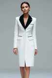 Ivory Satin Peak Lapel Bodycon One Piece Short Blazer Dress with Sleeves