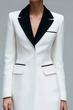 Ivory Satin Peak Lapel Bodycon One Piece Short Blazer Dress with Sleeves