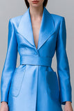Blue Satin A Line Midi Blazer Dress with Pockets