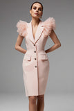 Pink Notched Lapel One Piece Pencil Satin Short Blazer Dress with Ruffles