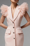 Pink Notched Lapel One Piece Pencil Satin Short Blazer Dress with Ruffles
