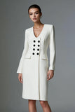 One Piece Ivory Pencil Satin Double Breasted Short Blazer Dress with Sleeves