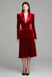 Burgundy Peak Lapel 2 Piece Velvet Midi Formal Business Suits with Sleeves