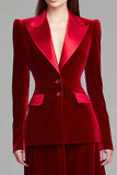 Burgundy Peak Lapel 2 Piece Velvet Midi Formal Business Suits with Sleeves