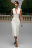 Ivory Notched Lapel Single Breasted Pencil Midi Blazer Dress with Pockets