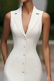Ivory Notched Lapel Single Breasted Pencil Midi Blazer Dress with Pockets
