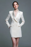 Short Tight Ivory Peak Lapel Double Breasted Blazer Dress with Sleeves
