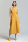 Midi Yellow V-Neck Satin Double Breasted Blazer Dress