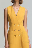 Midi Yellow V-Neck Satin Double Breasted Blazer Dress
