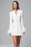 Ivory Notched Lapel Tight Short Blazer Dress with Feathers