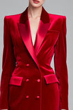 Red Peak Lapel Bodycon Velvet Double Breasted Short Blazer Dress