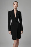 Black V Neck Long Sleeves Bodycon Short Blazer Dress with Belts