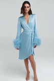 Sky Blue V-Neck Bodycon Short Work Dress with Feathers